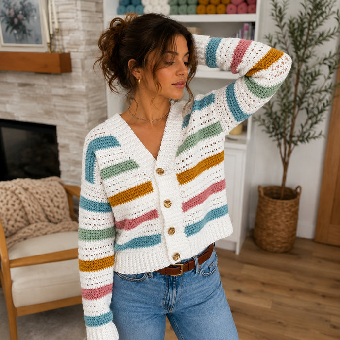 Striped Cardigan | Relaxed Button-Up Sweater PDF + Video | XS–5X