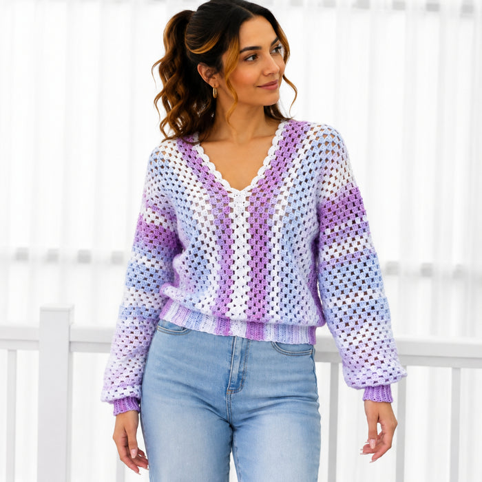 Granny Stitch V-Neck Sweater | Easy 2-Panel Pullover | XS–3XL